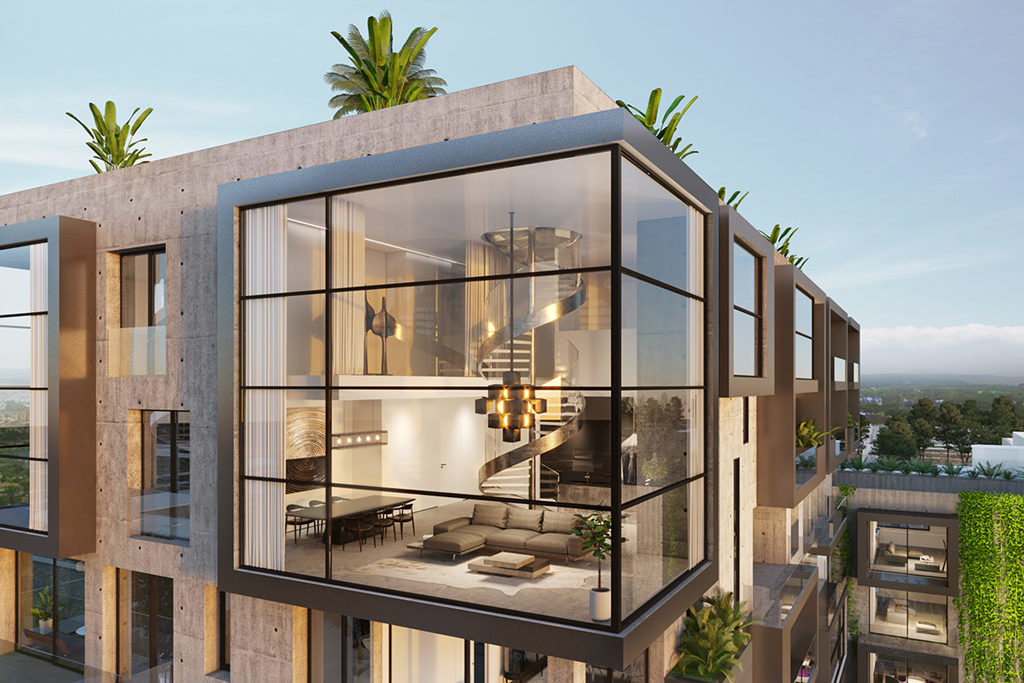 Exterior view of XO Residences Palma with electric panorama windows and integrated outdoor living spaces